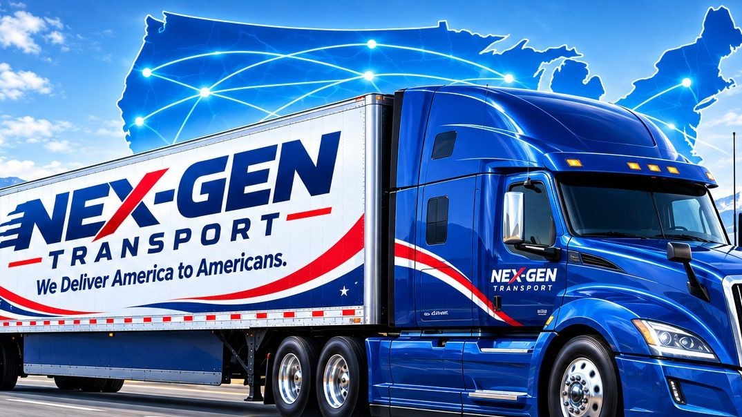 A blue Nex-Gen Transport semi truck and white trailer lettered with We Deliver America to Americans, running a highway