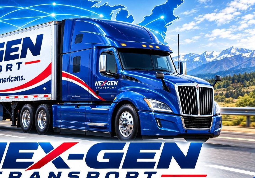A blue Nex-Gen Transport semi truck and trailer running a highway beneath a blue map of the United States
